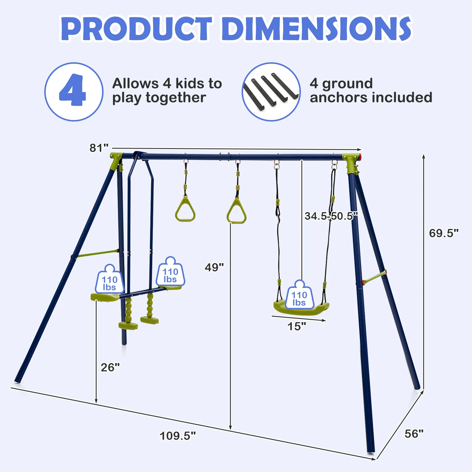 440 lbs Swing Set 3-in-1 Kids Swing Stand w/Swing Gym Rings Glider for Backyard