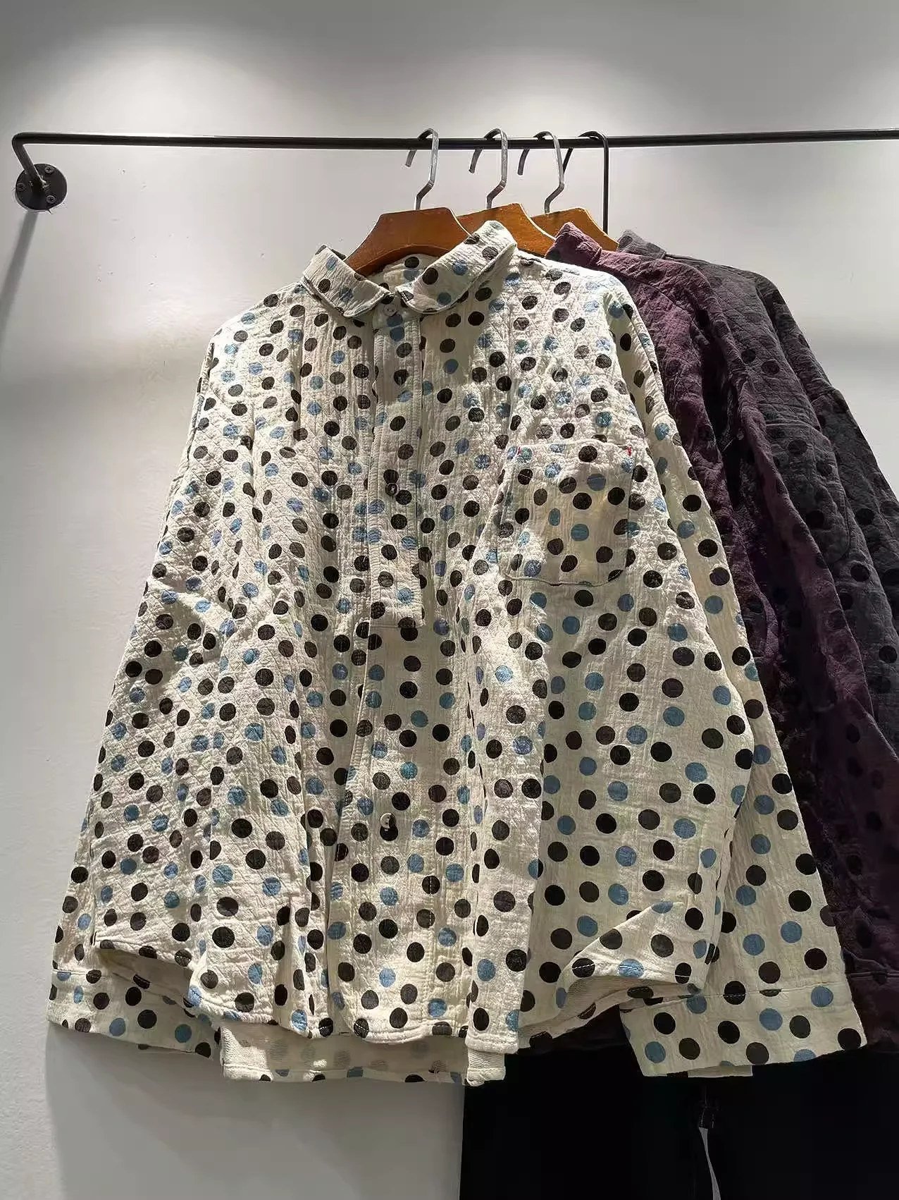 

Enianechu 100% Cotton Woman Shirt Vintage White Beige Purple Polka Dot Shirts and Blouses Thick Long Sleeve Large Size Tops