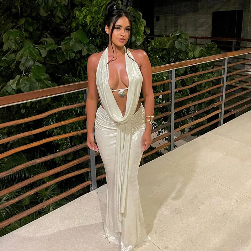 

Sexy Soild 2 Piece Set Party Evening Outfits 2025 Summer Swinging Neck Backless Halter Tanks Pleated Ribbons Maxi Skirts