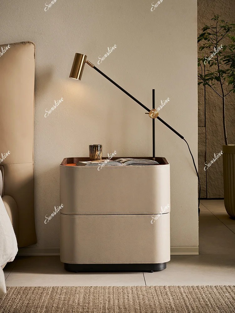 Minimalist saddle leather bedside table modern household small apartment multi-functional solid wood bedroom bedside table