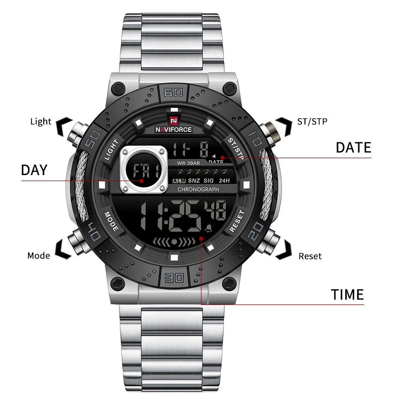 นาฬิกาข้อมือดิจิตอล NAVIFORCE สำหรับผู้ชาย ดีไซน์หรูหรา พร้อมไฟ LED แสดงผลในเวลากลางคืน กันน้ำ 3ATM สายสแตนเลสสตีล นาฬิกาสำหรับผู้ชาย