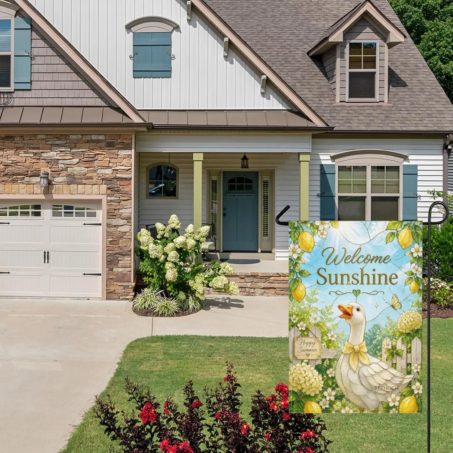Welcome Sunshine Garden Flag 28x40Inch,Premium Stained Glass Art Fun Goose Lemon Floral Yard Decor,Cute Animal Summer Outdoo AAM