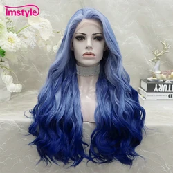 Imstyle Ombre Blue Wig Synthetic Lace Front Wig Long Natural Wavy Wigs For Women Cosplay Party Wig Heat Resistant Fiber