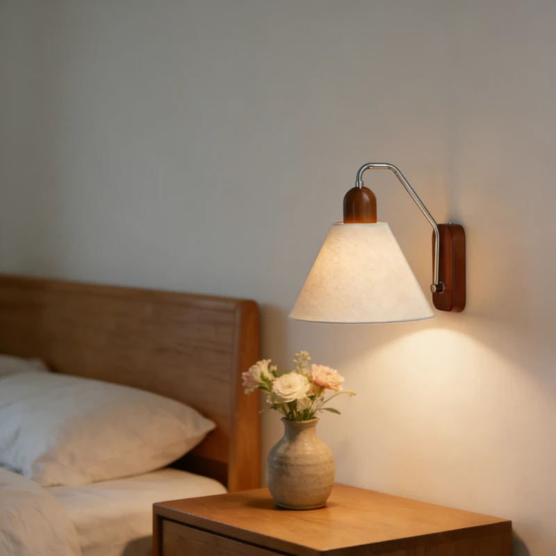 Japanese Retro Linen Solid Wood Wall Lamp Antique Style Home Decor Lighting Fixture for Bedside Study Entrance Balcony Corridor