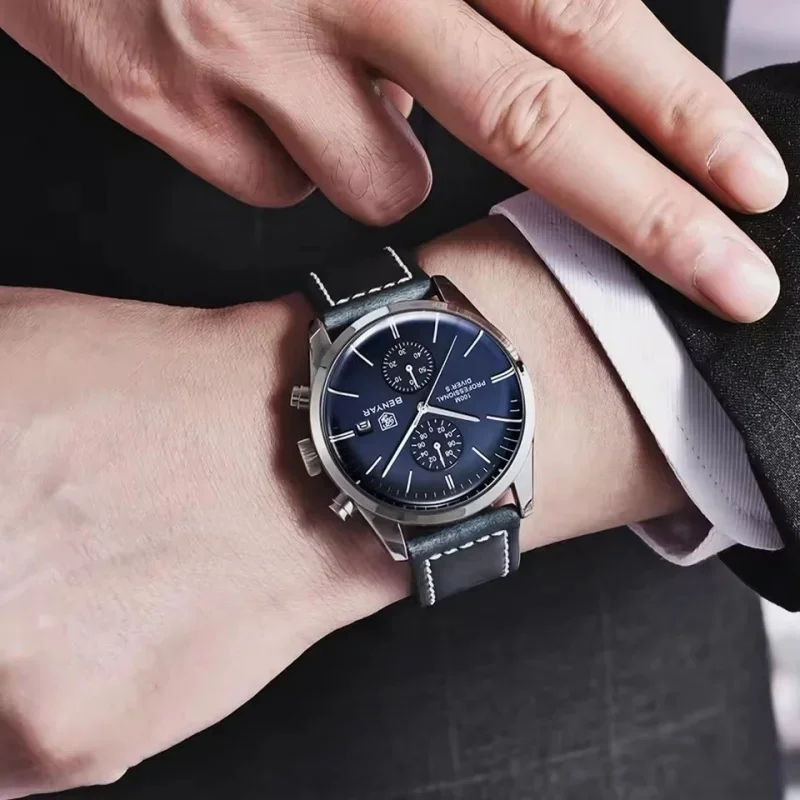 2026 Latest BENYAR 5187 Sport Men's Quartz Watch Luxury 100m Waterproof Calendar Chronograph Leather Military Watches for Man