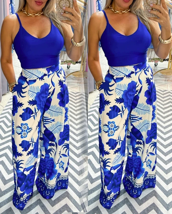 

Solid color camisole top printed wide leg pants set