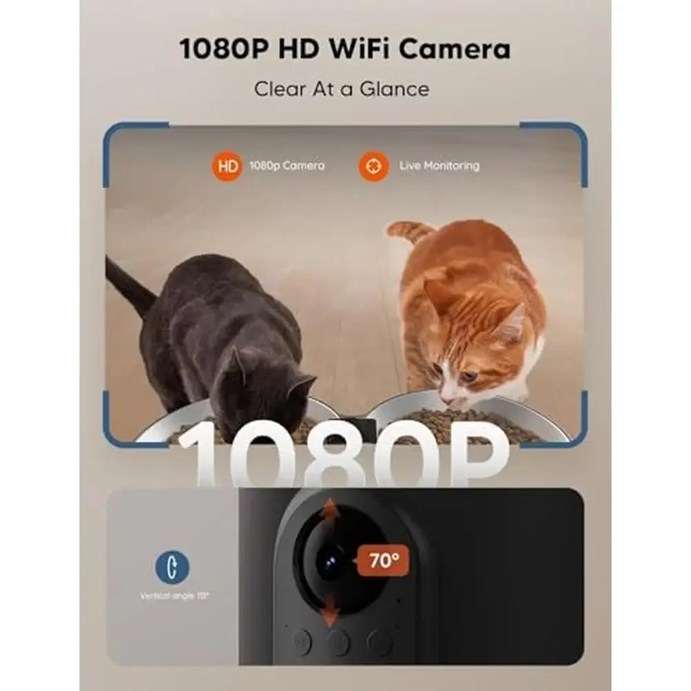 Automatic Pet Feeder Camera 1080p HD WiFi Night Vision Two-Way Audio Smart APP Control 10 Meals/Day Up to 20 Portions/Meal SD