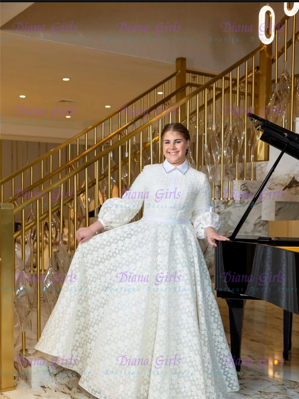 Gorgeous Quality Milk Lace Fluffy Long Sleeves Flower Girl Dress for Kids Girls Wedding Birthday Party Evening Ball Gowns