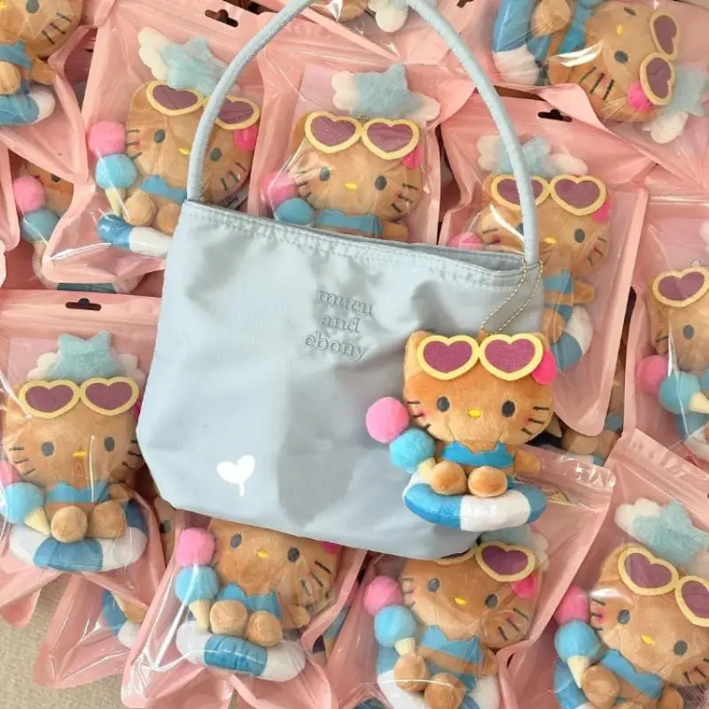 Black Skin Hello Kitty Glasses Swimming Circle Ice Cream Plush Doll Pendant Sanrio Kt Cat Cartoon Soft Filled Toy Keychain Gift