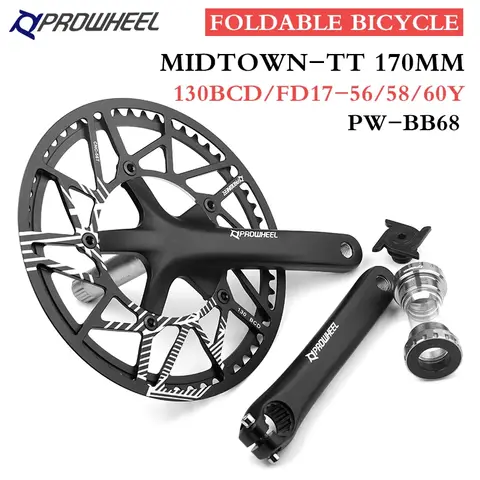 Prowheel 접이식 자전거 크랭크셋, 중공 통합 스프로킷, 하단 브래킷 크랭크 포함, 130BCD, 170mm, 56, 58, 60Y 체인링, 8, 9, 10, 11S