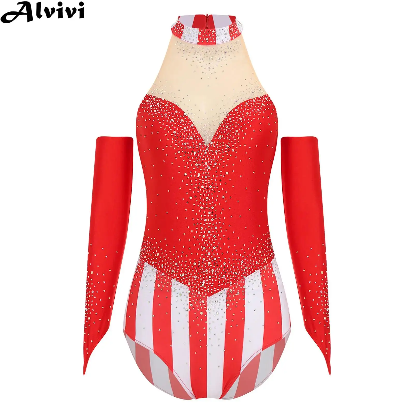 

Women Shiny Rhinestone Figure Skating Gymnastics Leotard with Gloves Halloween Circus Ringmaster Cosplay Performance Costume
