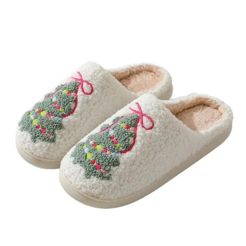 Kawaii Casual Shoe Fashion Childrens Shoe Christmas Tree Bow Cotton Slippers For Men Women Winter Home Indoor Cozy Fluffy House