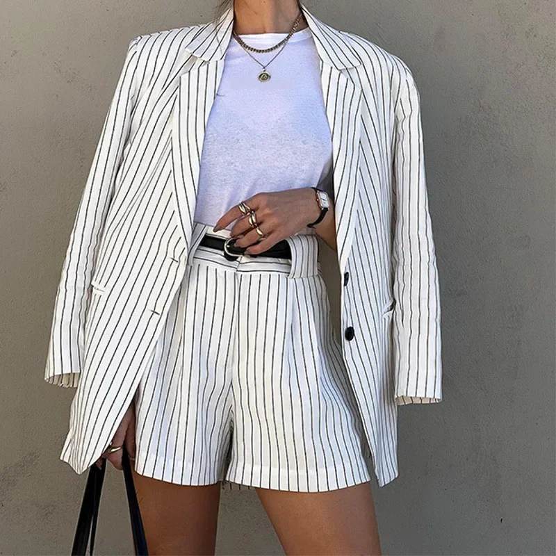 

Fashion Two Piece Set Elegant Office Lady Lapel Long Sleeve Striped Print High Waist Shorts Set Gift Belt