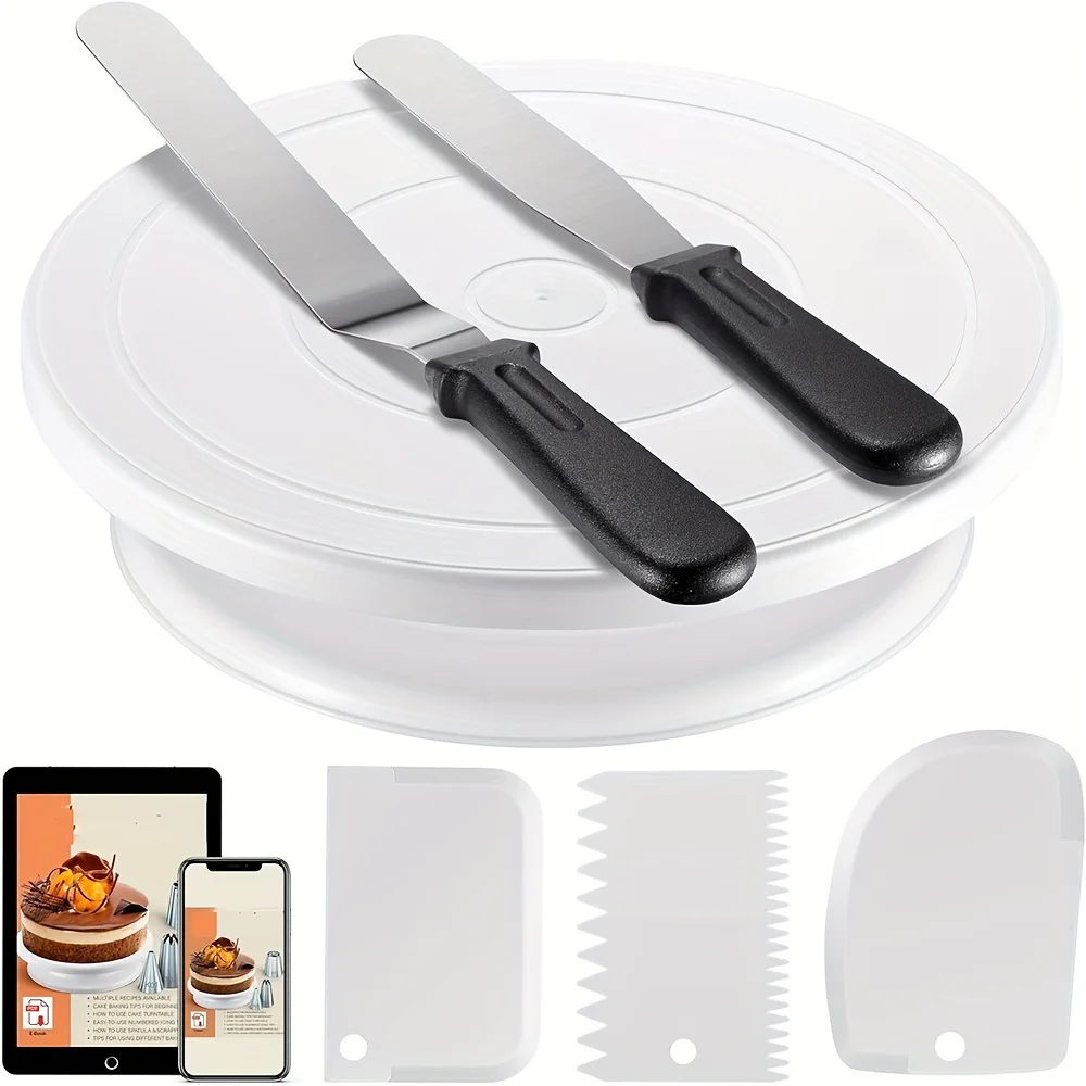 Set, Cake Decorating Kit,Cake Turntable With 2 Straight Angled Icing Spatulas,3 Cake Smoother Scrapers, Baking Accessories Tools