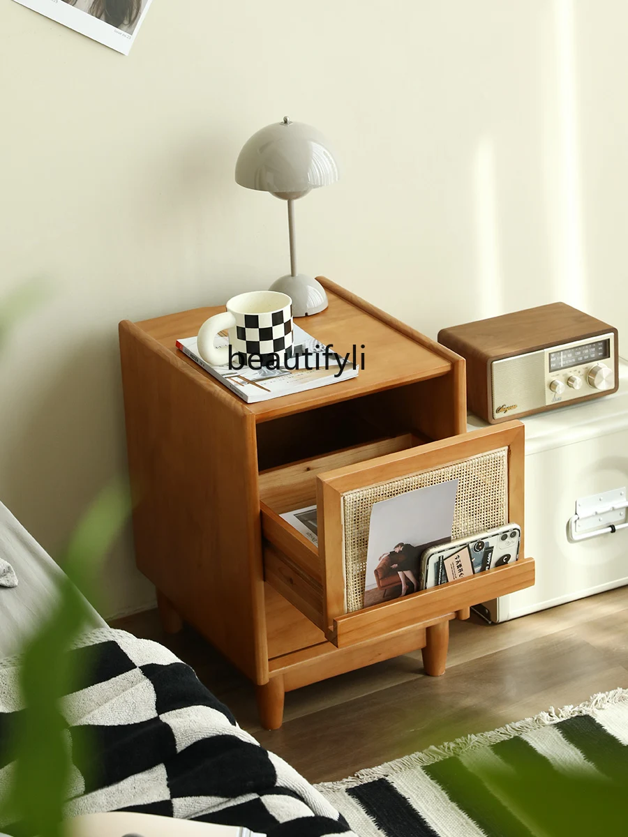 zqNordic and Japanese Style Bedside Table Solid Wood Simple Modern Light Luxury Ultra Narrow Mini Storage Bedroom and Household