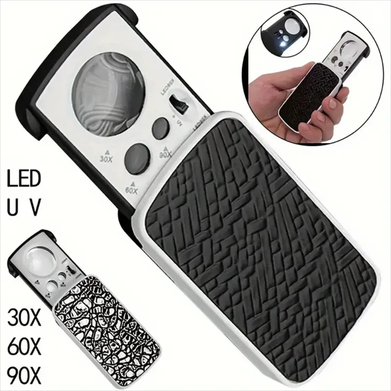 

Slide-Out Jewelry Loupe Magnifier 30X 60X 90X LED Lighted Eye Loupe Mini Portable Magnifier With UV Light For Jewelry