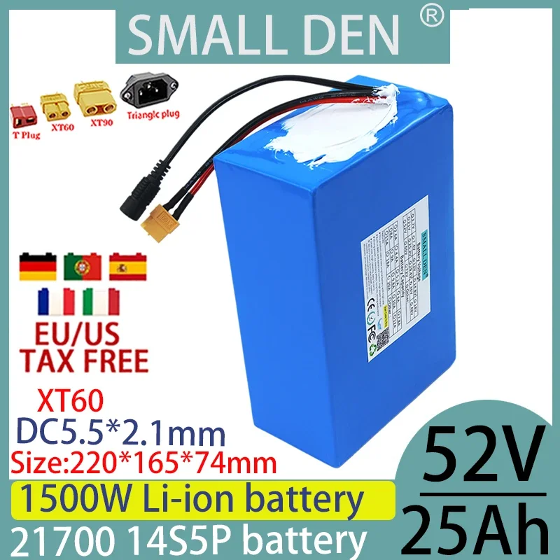 52V 25ah 21700 14S5P lithium-ion battery pack 1500W camping off-road vehicle rechargeable battery with 30A BMS+2A 3A 5A charger