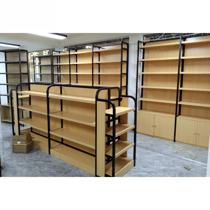 custom.Cold Rolled Steel Wood Structure Supermarket Shelf Custom Label Gondola Shelving