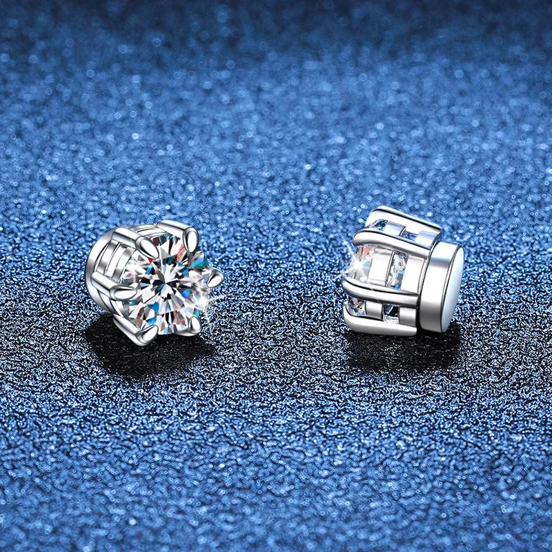 S925 Silver 1ct D Color Moissanite Magnetic Earrings 6 Prong Fine Jewelry Iced Diamond Stud Earrings Women Men Pass Tester