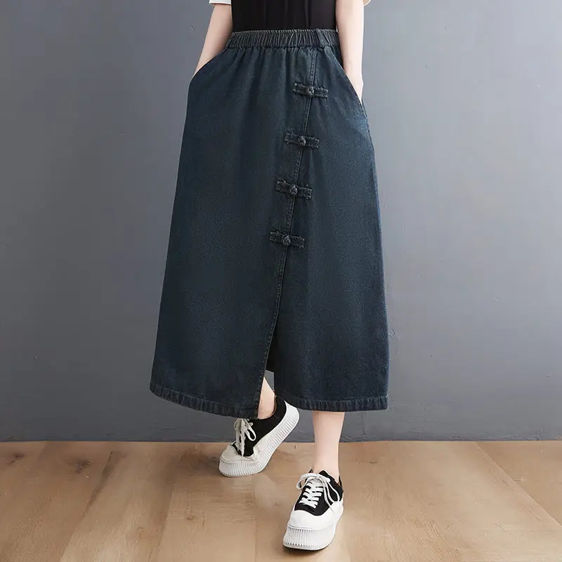 Retro Buttoned Denim Skirt Women\'s Elastic Waist Irregular A-Line Spring Summer Loose Jeans Saias h863