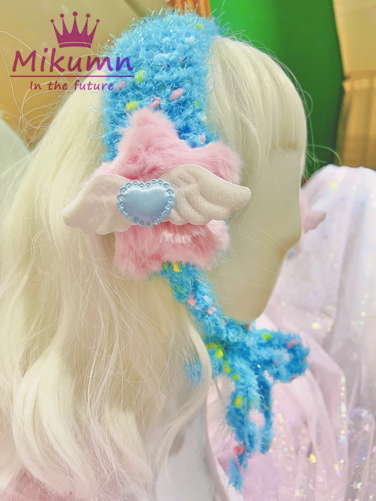 Harajuku Girls Blue Beige Pink Knitted Headbands Y2K Aesthetic Kawaii Plush Star Wings Earmuffs Hairbands Warm Hair Accessory