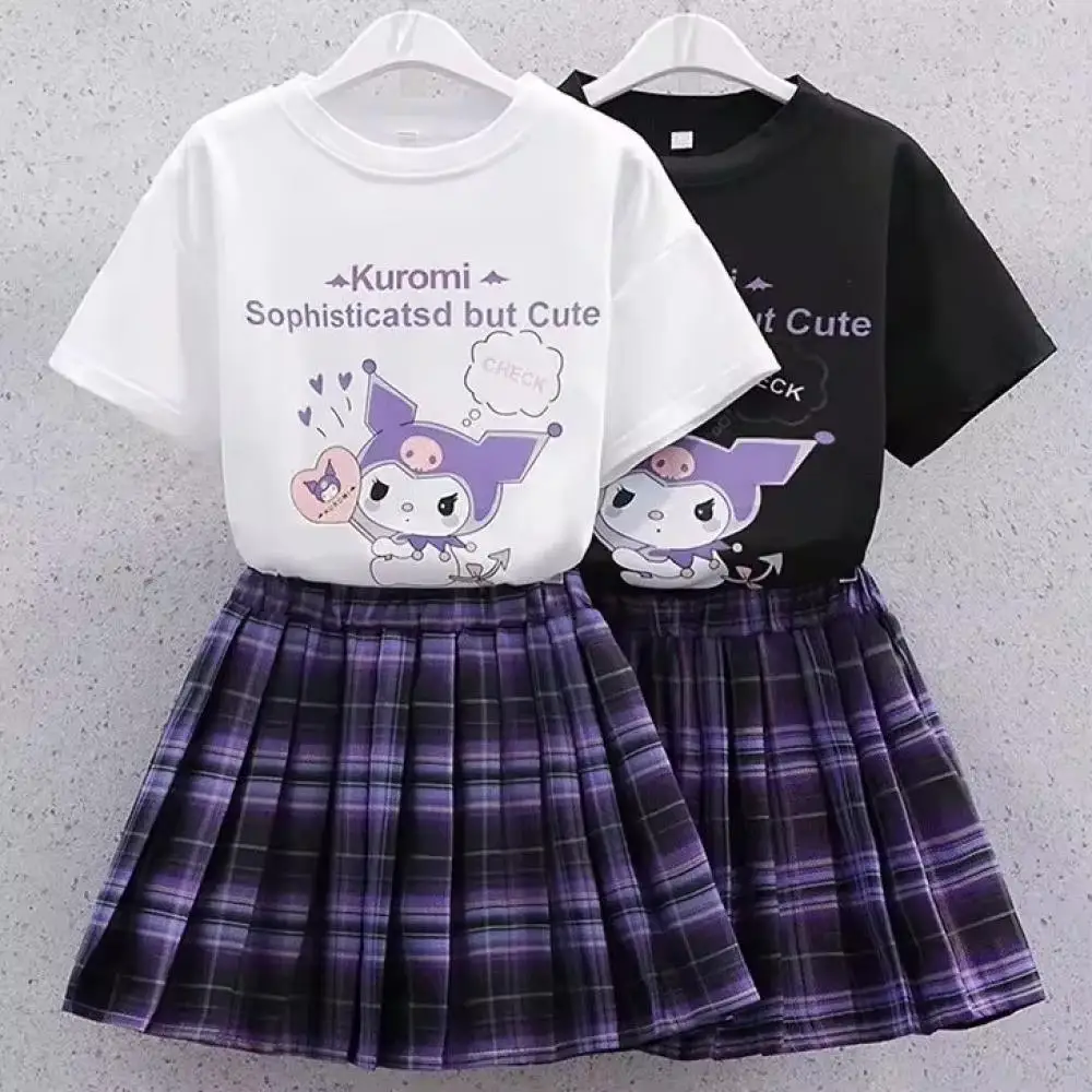 Sanrio Kuromi Kawaii Girls College Style T-Shirt Skirt Suit Summer Clothes New Girl Suit Children's White T-Shirt Pleated Skirt