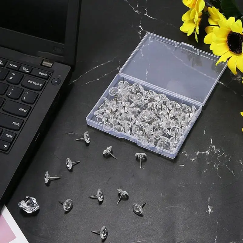 W89C 100pcs Pushpins trang trí đặt hộp nhỏ Clear Clear Clear Set Hộp được niêm phong cho lý tưởng cho người lớn hiển thị áp ảnh