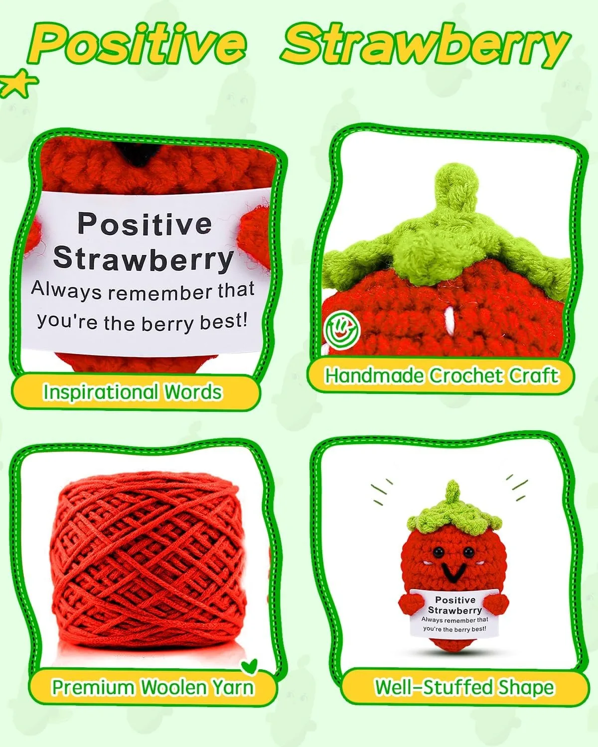 Positive Energy Crochet Emotional Strawberry Gift, Comes with an Inspiring Affirmation Card, Fun Emotional Positive Support Gift, Suitable for Women and Men, Perfect for Birthday and Desk Decoration, Stocking Stuffer Gift