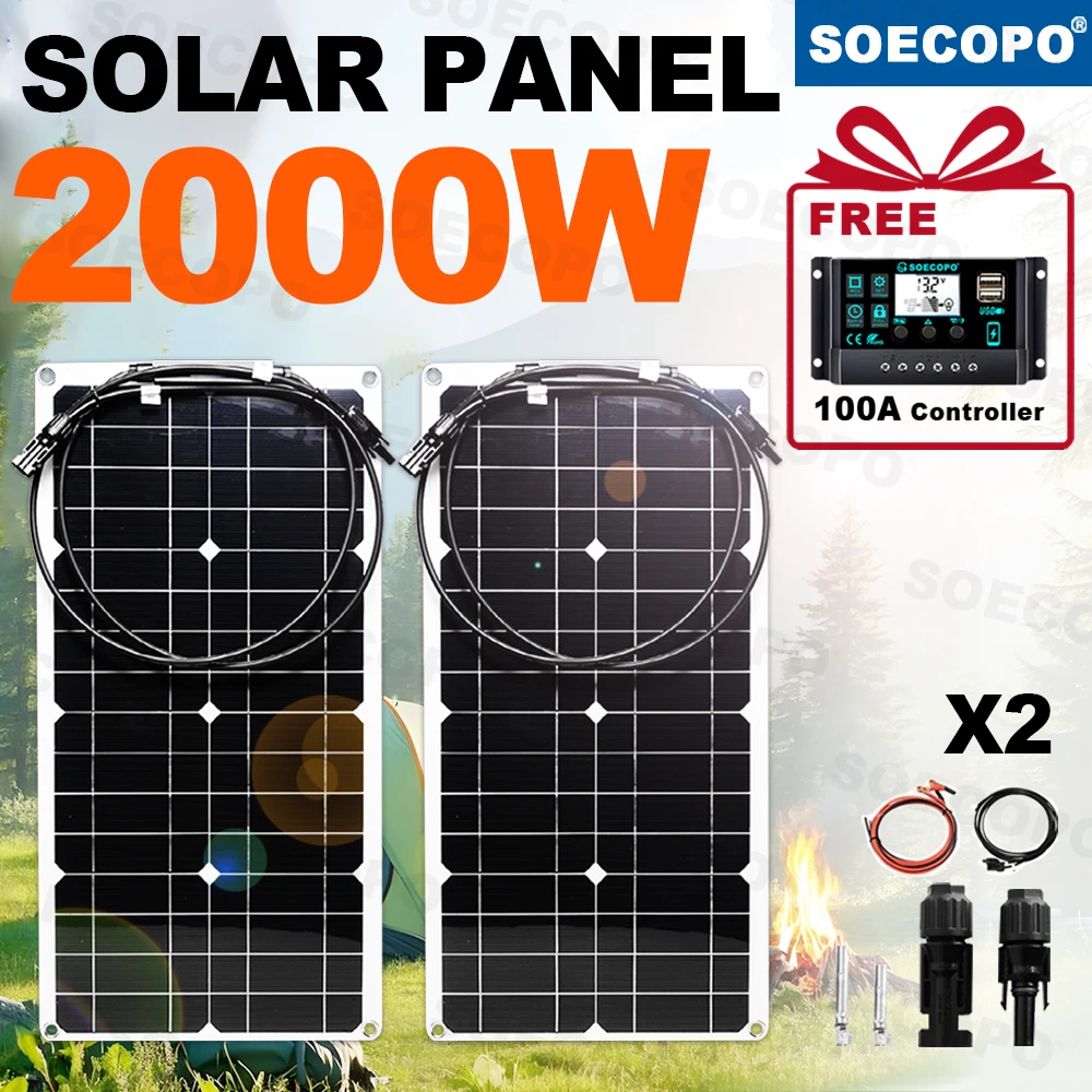 

SOECOPO 2000W Free 100A Controller Portable Solar Panel Kit (MC- 4 12-18V)2*1000W Panels for Camping Includes & USB 5V Charging