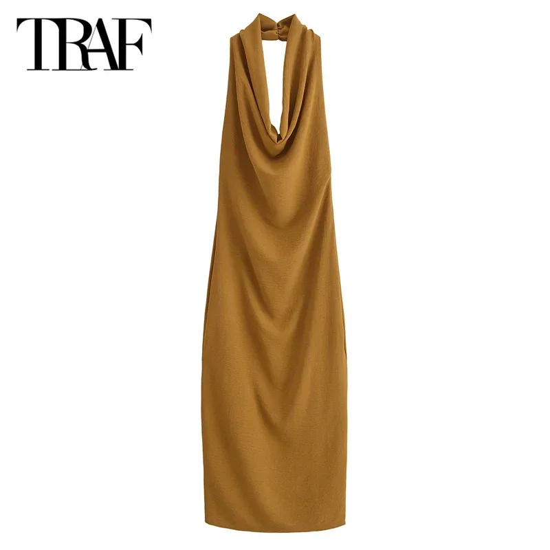 TRAF Evening Pleated Dresses Women Dresses Long Halter Dresses Summer Autumn 2024 Ladies Fashion Backless Red Camel Dresses