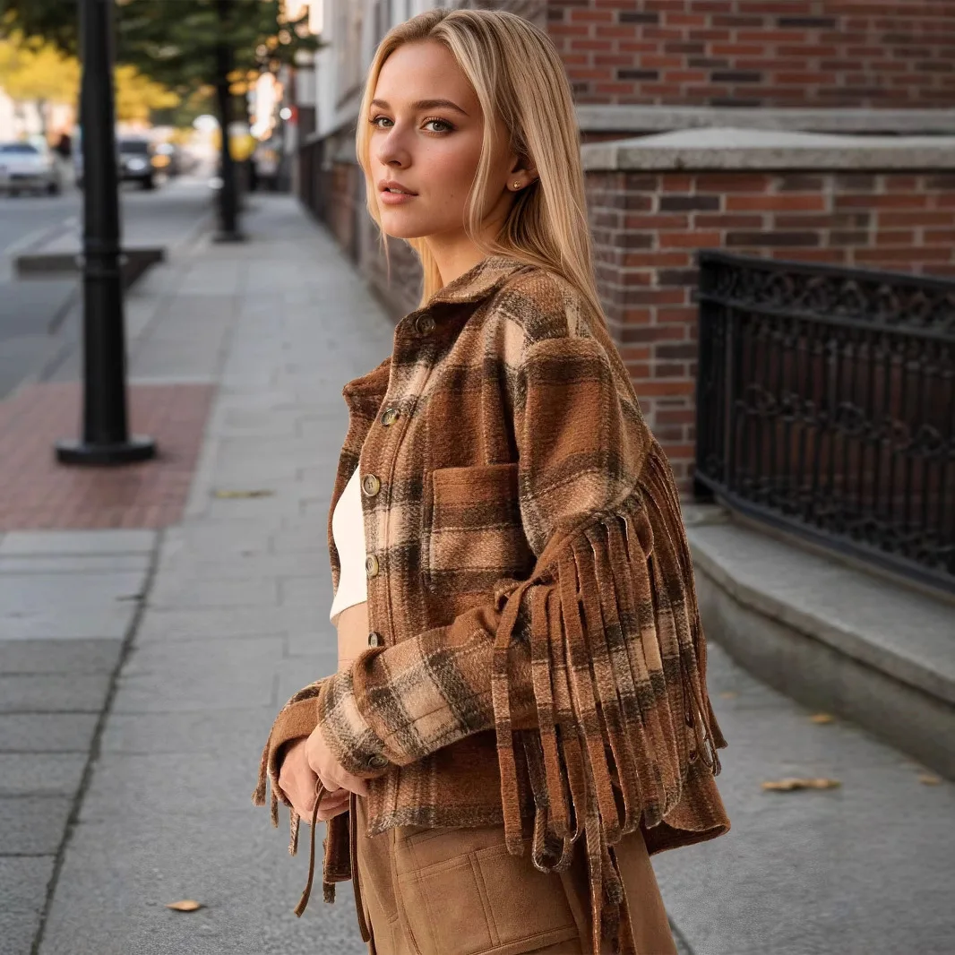Mulheres xadrez casacos jaqueta de lã franja turn down collar mangas compridas único breasted solto casual senhora do escritório 2025 outono inverno