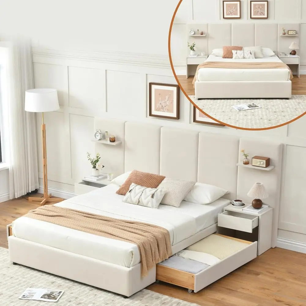 

Beige Velvet Platform Bed with Storage, Built-in Nightstands, and Floating Shelves - No Box Spring Needed