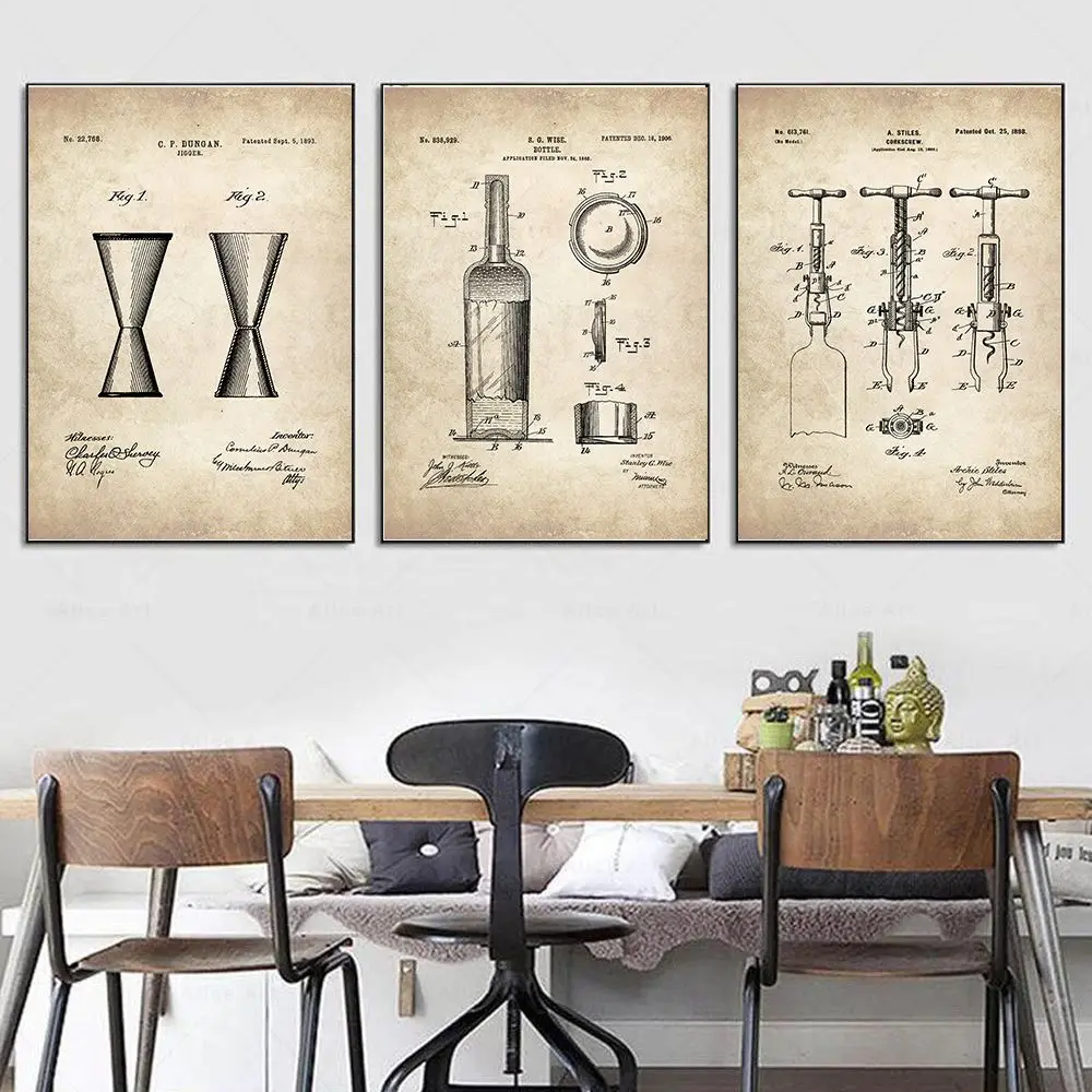 Bartender Cocktail Wine Patent Prints Wall Art Canvas Painting Vintage Poster Man Cave Bar Decor Kitchen Home Decoration Gifts