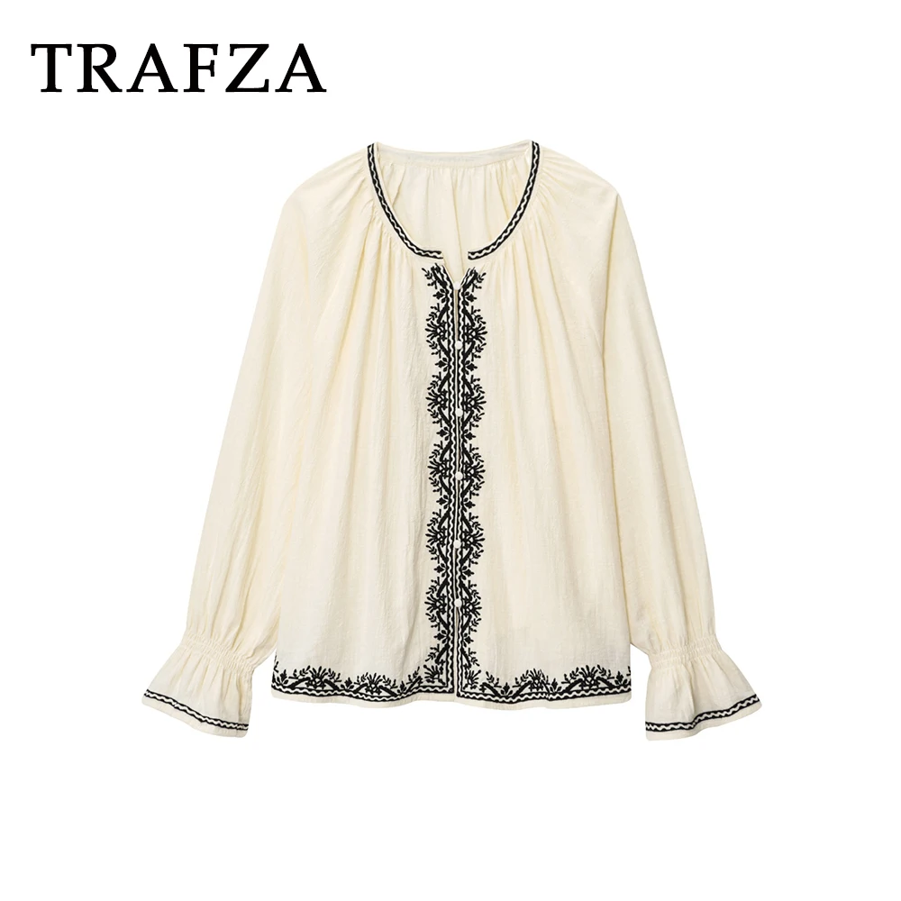 

TRAFZA Vintage Casual 2025 Summer Woman Shirt Single Breasted Contrast Color Blouse Embroidery Fashion Female Streetwear Shirts