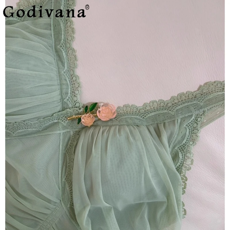 French Style Luxury Birthday Mini Dress Women Princess Green Mesh Strap Dress Female Vacation Forest Style Long Dress