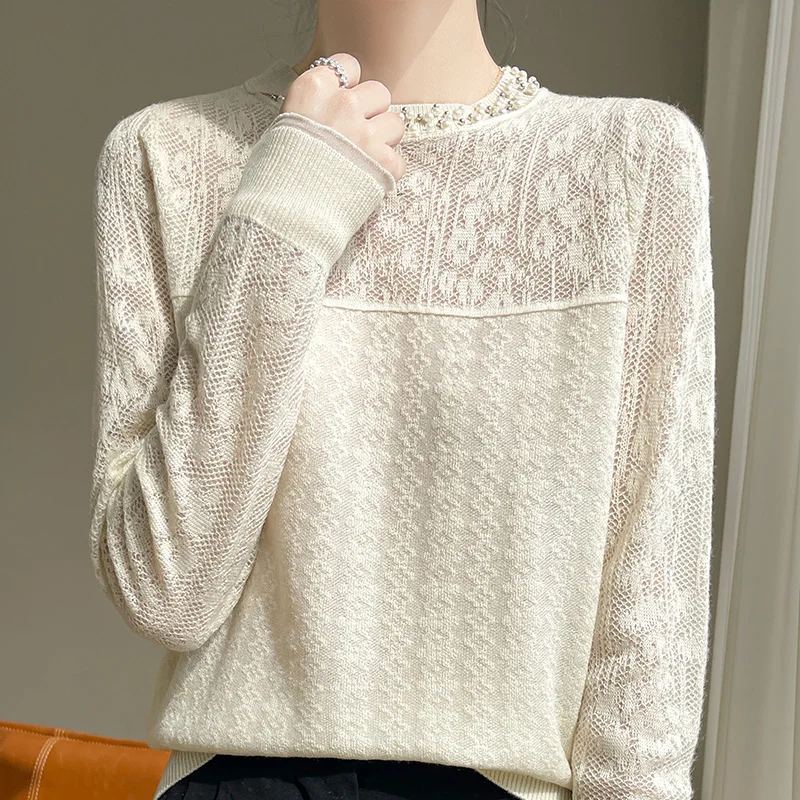 Spring Summer Stylish Lace Chiffon Shirt Women O-neck Wool Pearl Female Long Sleeve Top Fashion New Knit Pullover Worsted Blouse