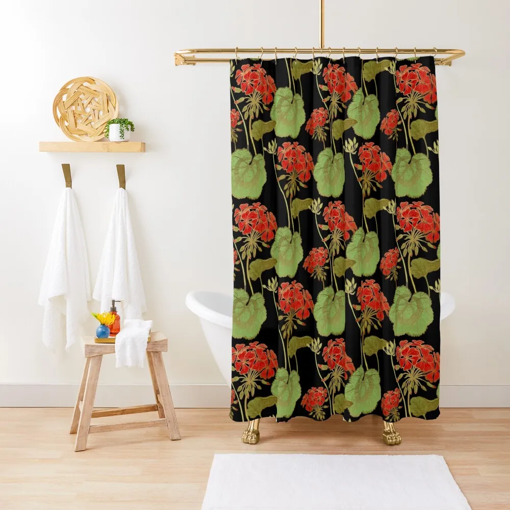 

Vintage botanical pattern of red geranium on black background Shower Curtain Shower Bathroom Bathroom Shower Curtain