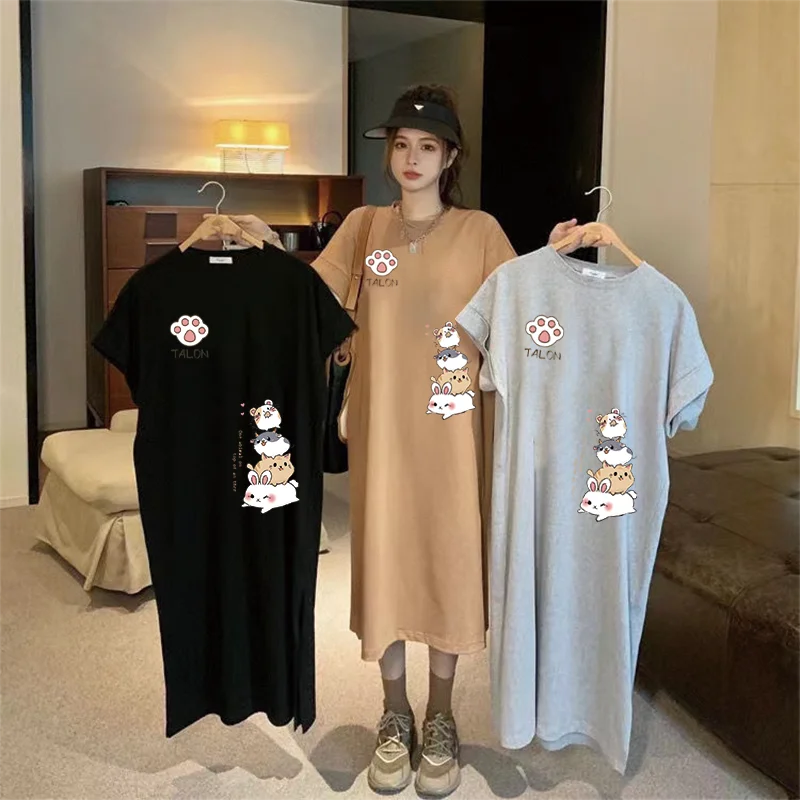 Verão japonês bonito dos desenhos animados coelho empilhado impressão feminina tamanho grande solto vestido de manga curta