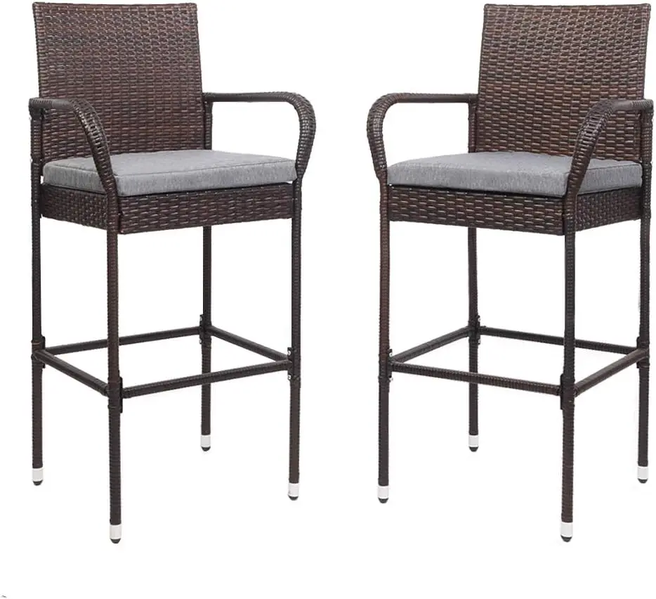 Outdoor Wicker Bar Stools Set of 2 with Cushions, Outdoor Bar Chairs Bar Height Tall Patio Chairs, Outdoor Barstools for Garden