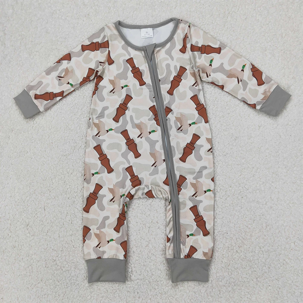 

New Fashion Summer Baby Boys Duck Bottle Camouflage Zip-Up Long Sleeve Bodysuit Wholesale Boutique Bodysuit