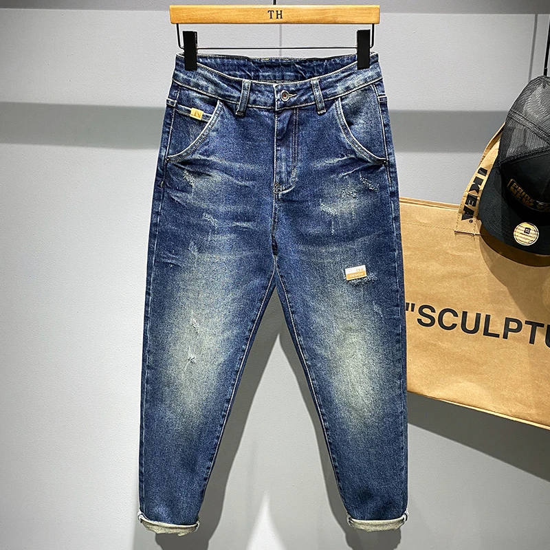 Pop Vintage Blue Jeans for Men Wash Bleach Wear Tear Ripped Fashion Street Casual Elasticity Cotton Male Denim Pants