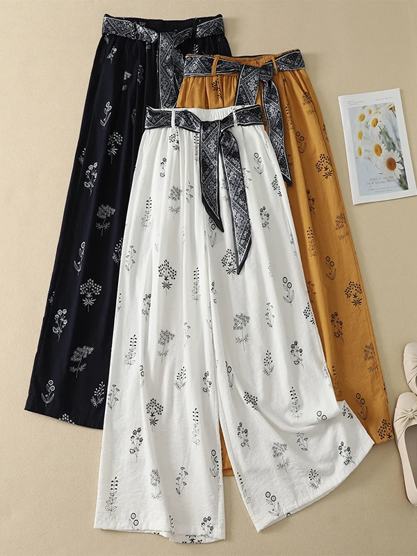 

Casual High Waist Wide Leg Pants Ice Silk Cotton Linen Thin Belted Loose Summer Ladies Trousers Artistic Print Comfortable Ni...