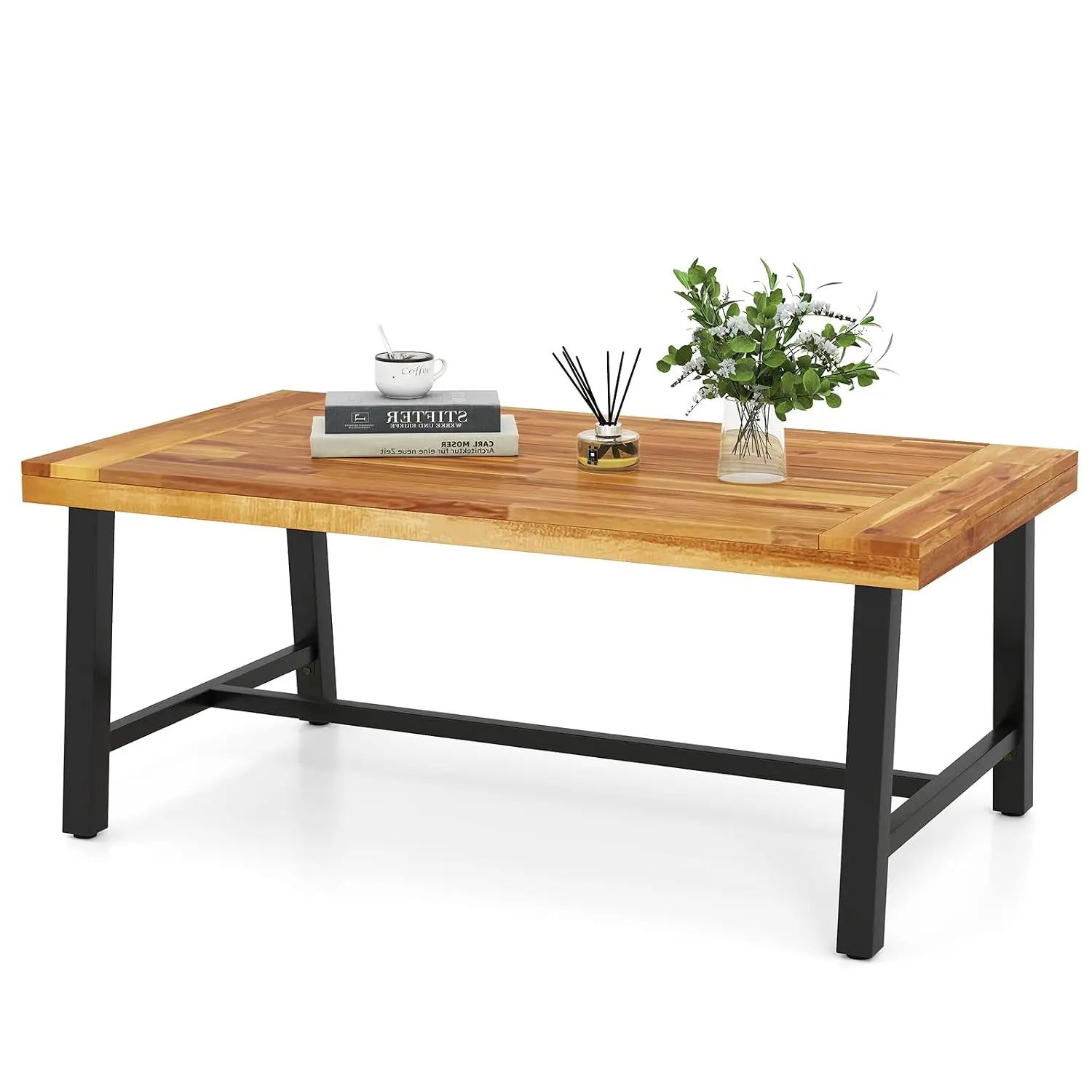 Acacia Wood Patio Coffee Table, Outdoor Rectangular Center Table with Sturdy Metal Frame, Adjustable Leveling Feet,, Customized
