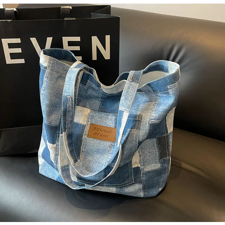 Retro Large Capacity Autumn Winter Denim Patchwork Canvas Bag Casual Shoulder Bag for Women Women's one shoulder tote bag