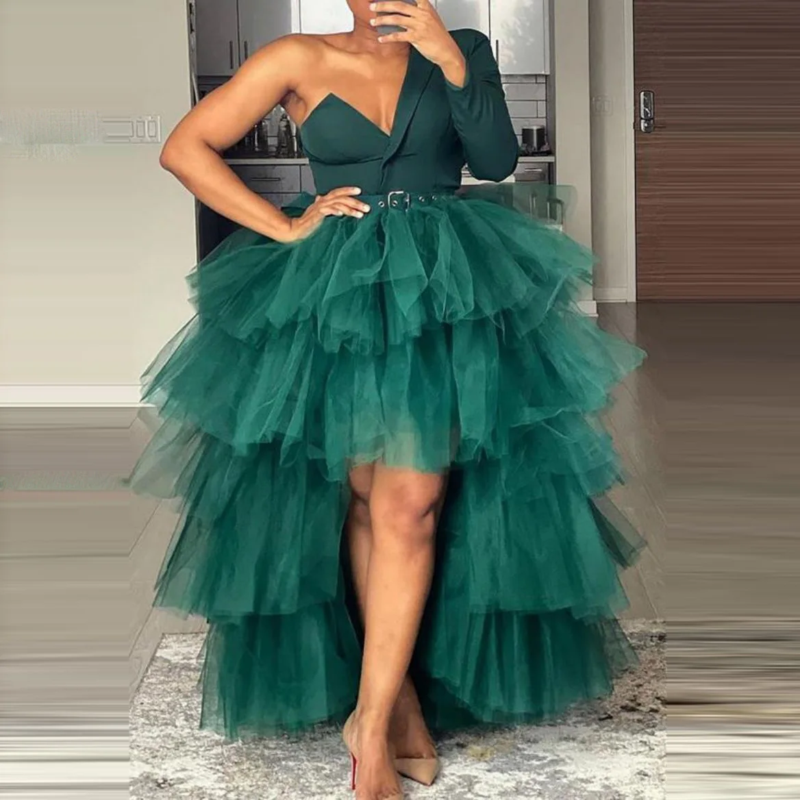 Hunter Green Women Gowns Lush One Shoulder Blazer Blouse Party Dresses High Low Layered Tulle A Line Ruffle Formal Dress