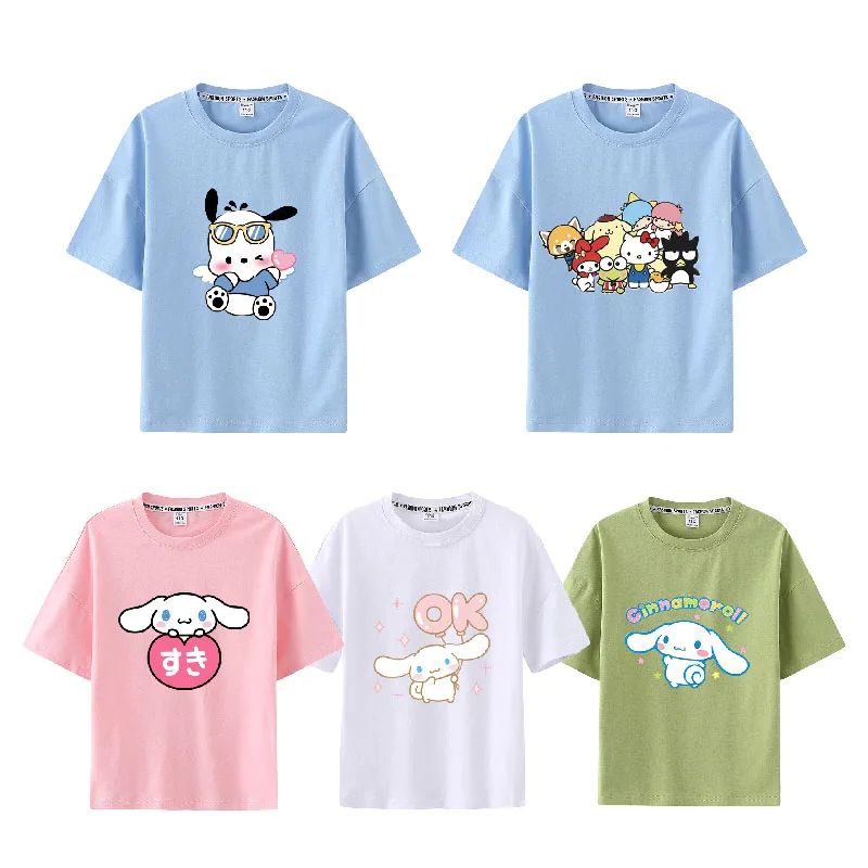 

Хлопковая Детская футболка с рисунком аниме Sanrio Cinnamoroll, милая летняя свободная футболка с короткими рукавами и принтом аниме, топы для мальчиков и девочек