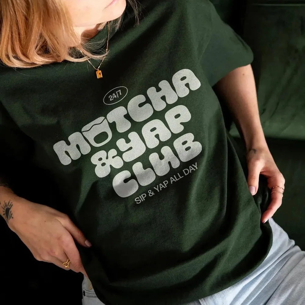 

Matcha Yap Club с буквенным принтом, женские хлопковые топы, летние свободные футболки с короткими рукавами и круглым вырезом, повседневная футболка в стиле ретро
