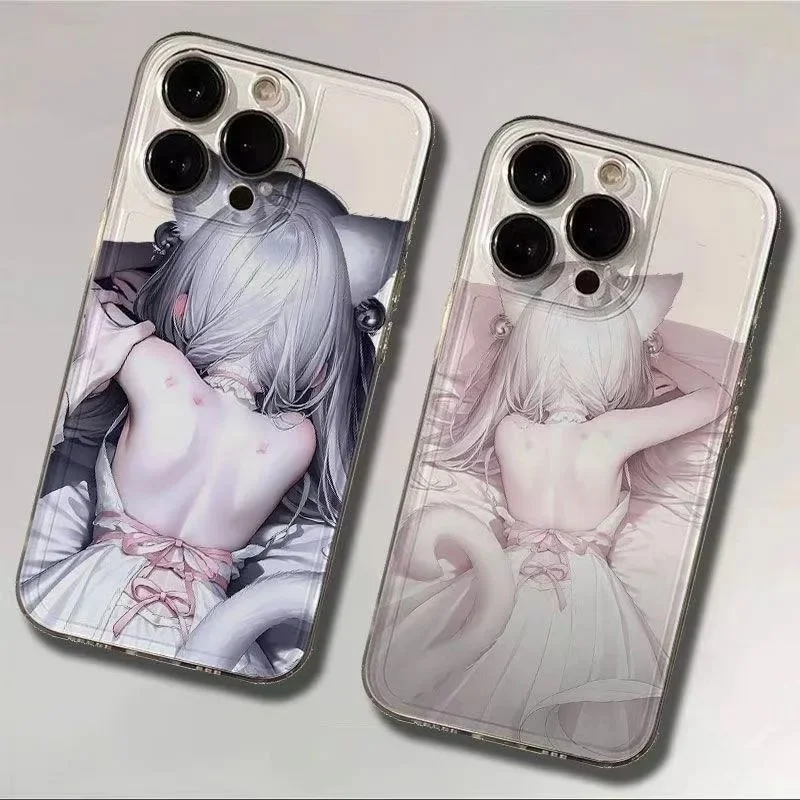 

Kiss Mark Beautiful Back Transparent Phone Case For iphone 17 16 15 14 13 12 11 Pro Max Plus Sweet Cute Cat Ear Sexy Girl Cover