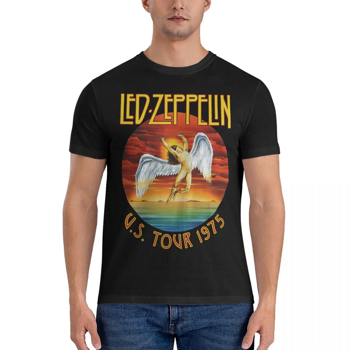 Tour T-Shirts Men L-Led Band Zepelins Vintage 100% Cotton Tee Shirt Crew Neck Short Sleeve T Shirts Graphic Printed Clothes