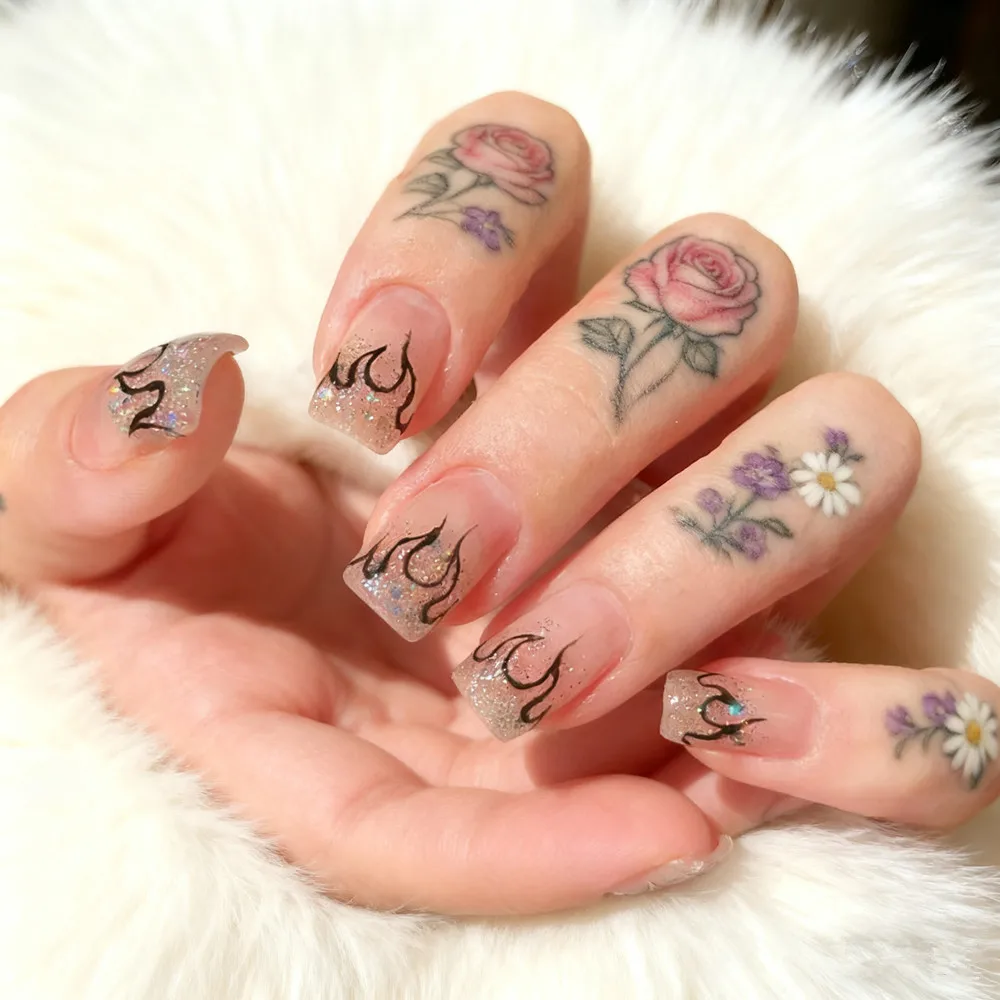 Glitter Acrylic Press On Nails With Glue Short Square Fake Nails For Woman Fire Patterns DIY Finger Tips Manicure Tool